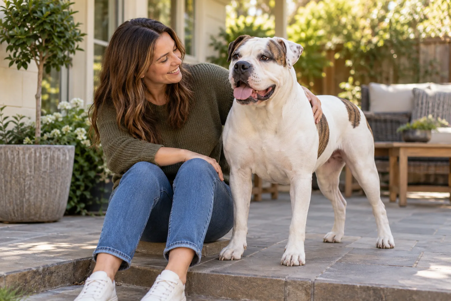 Owner seated outdoors beside a large white-and-brown dog